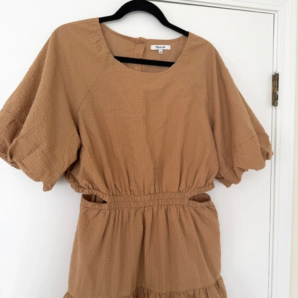 Madewell Seersucker Cutout Tiered Mini Dress Tawny Brown Puff Sleeve XL NE614 - Picture 3 of 10